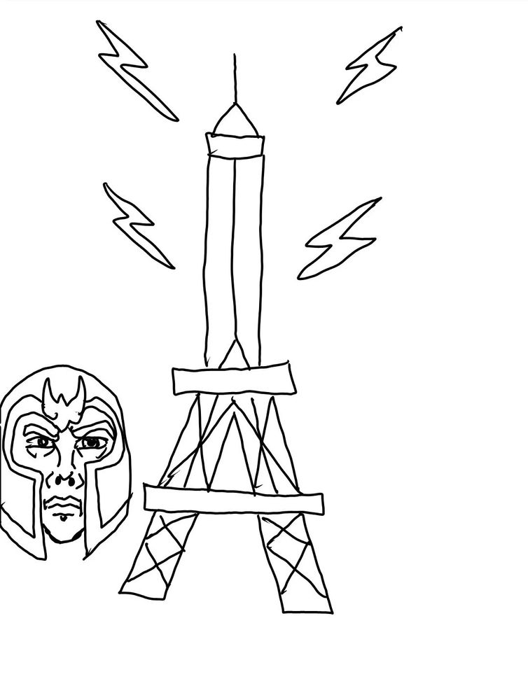 Digitally inked pencil sketch of the Eiffel Tower as a giant magnet as done by Magneto for the #massivemagnet prompt at #dailysketchingworkout 