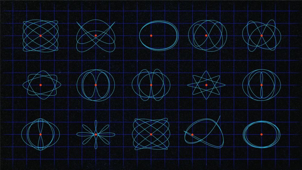 An illustration depicting periodic orbits around a model of the Jupiter-Europa system. The orbital paths are bright green and revolve around a bright red center point. The background is a black grid.