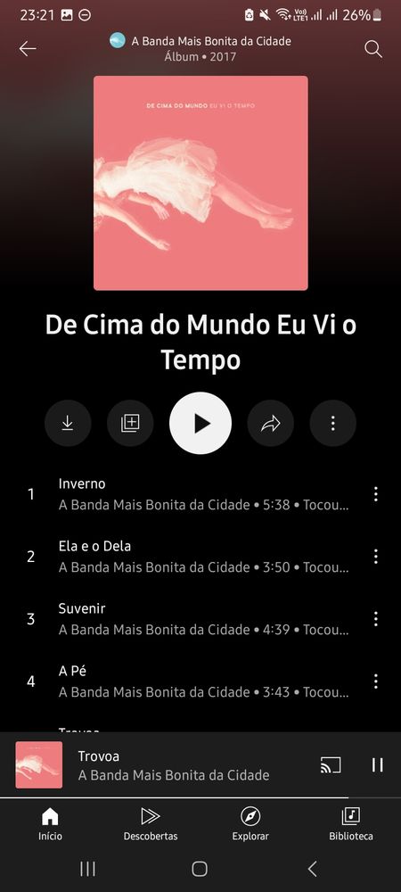 Print de tela do álbum "de cima do muro eu vi o tempo" dA Banda Mais Bonita da Cidade no YouTube Music 