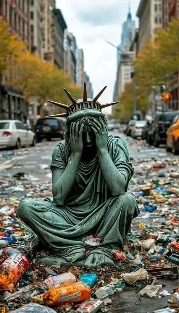 Die weinende Freiheitsstatue sitzend auf einer vermüllten Straße 