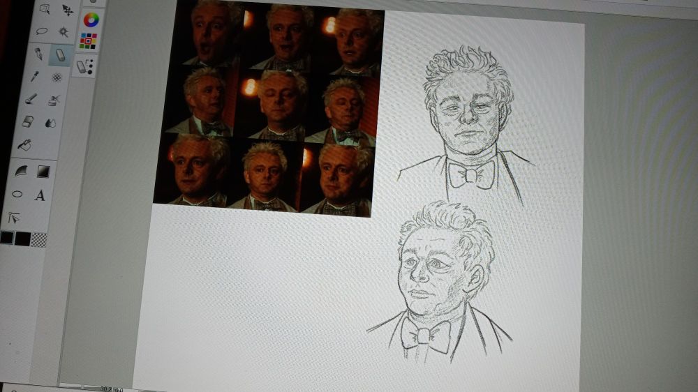 Photo of a tablet screen drawing program with several photos of michael sheen's face arranged in a square and two attempts at drawing the faces next to them.