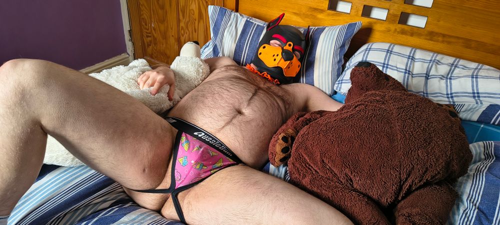 A fat hairy white man laid on a bed wearing a black red and orange pup hood and an orange chain collar, and besides that just a jockstrap with a pink pouch, with two large bear plushie either side of him 