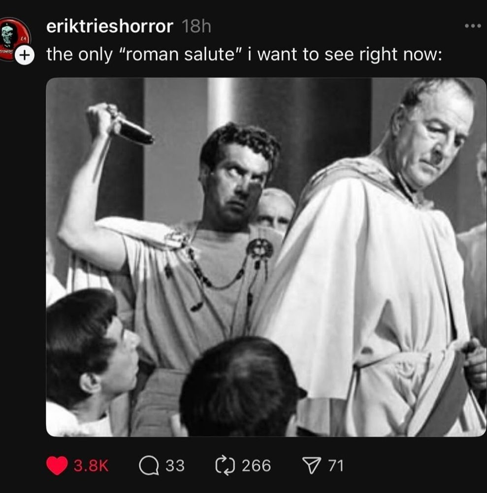 The image is of Julius Caesar being stabbed in the back, the caption reads the only Roman salute I want to see right now.