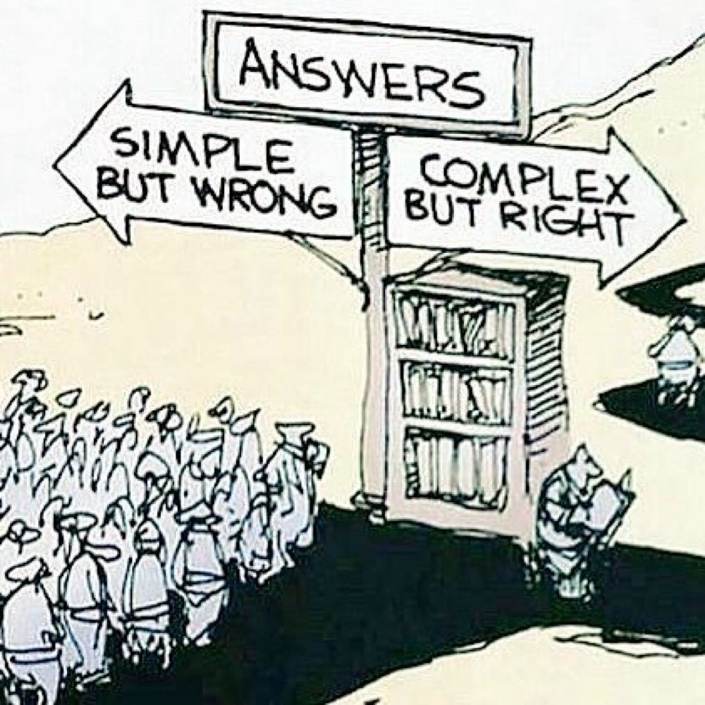 A cartoon where answers diverge  from simple but wrong (as the crowd follows) and complex but right (one expert follows this direction) 