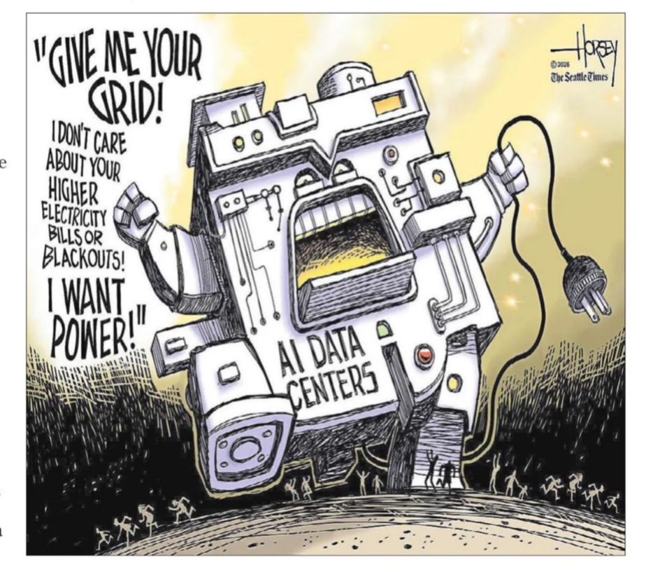 A picture that portrays a monster-like AI DATA Center proclaiming “Give me your grid!  I don’t care about higher electric bills or blackouts!  I WANT POWER! 