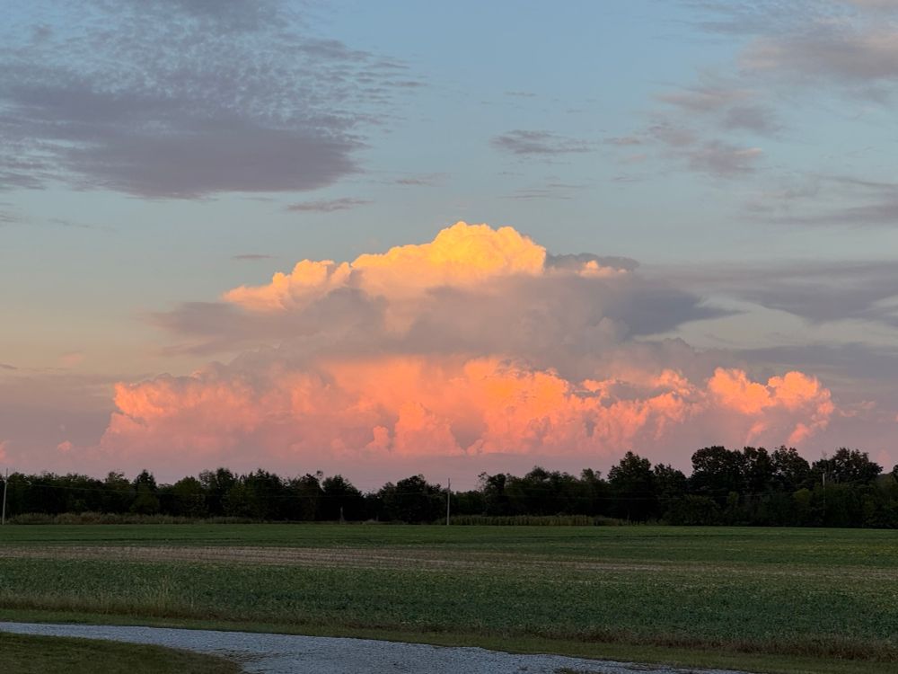 Bank of beautifully illuminated clouds on the farm road. 