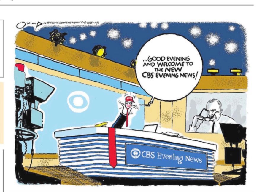 A comic featuring a very small bellowing person saying ...”GOOD EVENING AND WELCOME TO THE NEW CBS EVENING NEWS!” with a gigantic Walter Cronkite presence looming over the whole scene. 