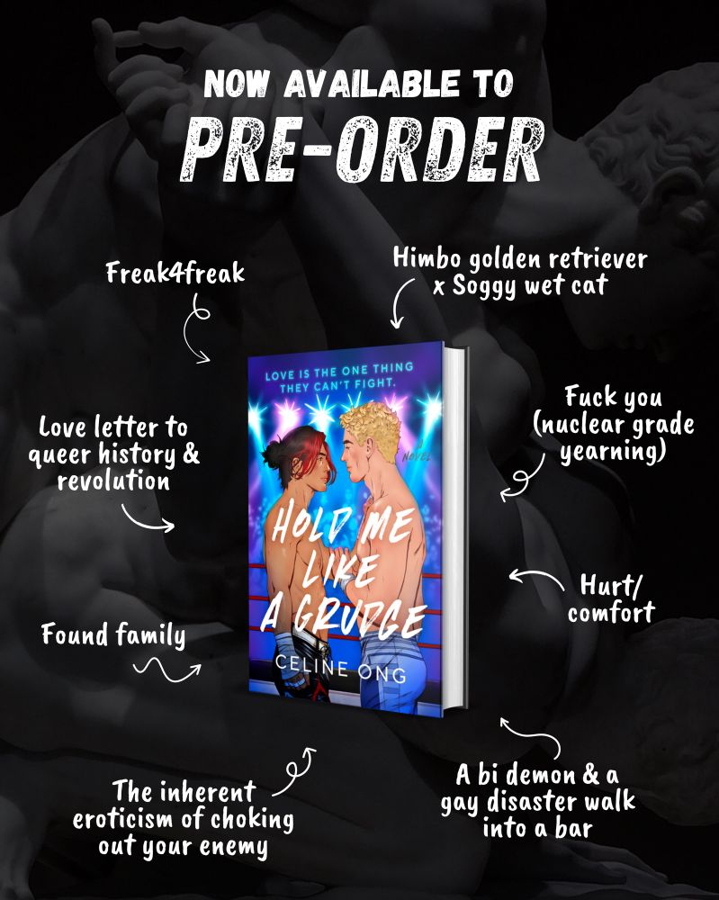 a trope map for HOLD ME LIKE A GRUDGE, including: freak4freak, himbo golden retriever x soggy wet cat, fuck you (nuclear grade yearning), hurt/comfort, a bi demon & a gay disaster walk into a bar, the inherent eroticism of choking out your enemy, found family, love letter to queer history & revolution, with text that announces “now available for pre-order”