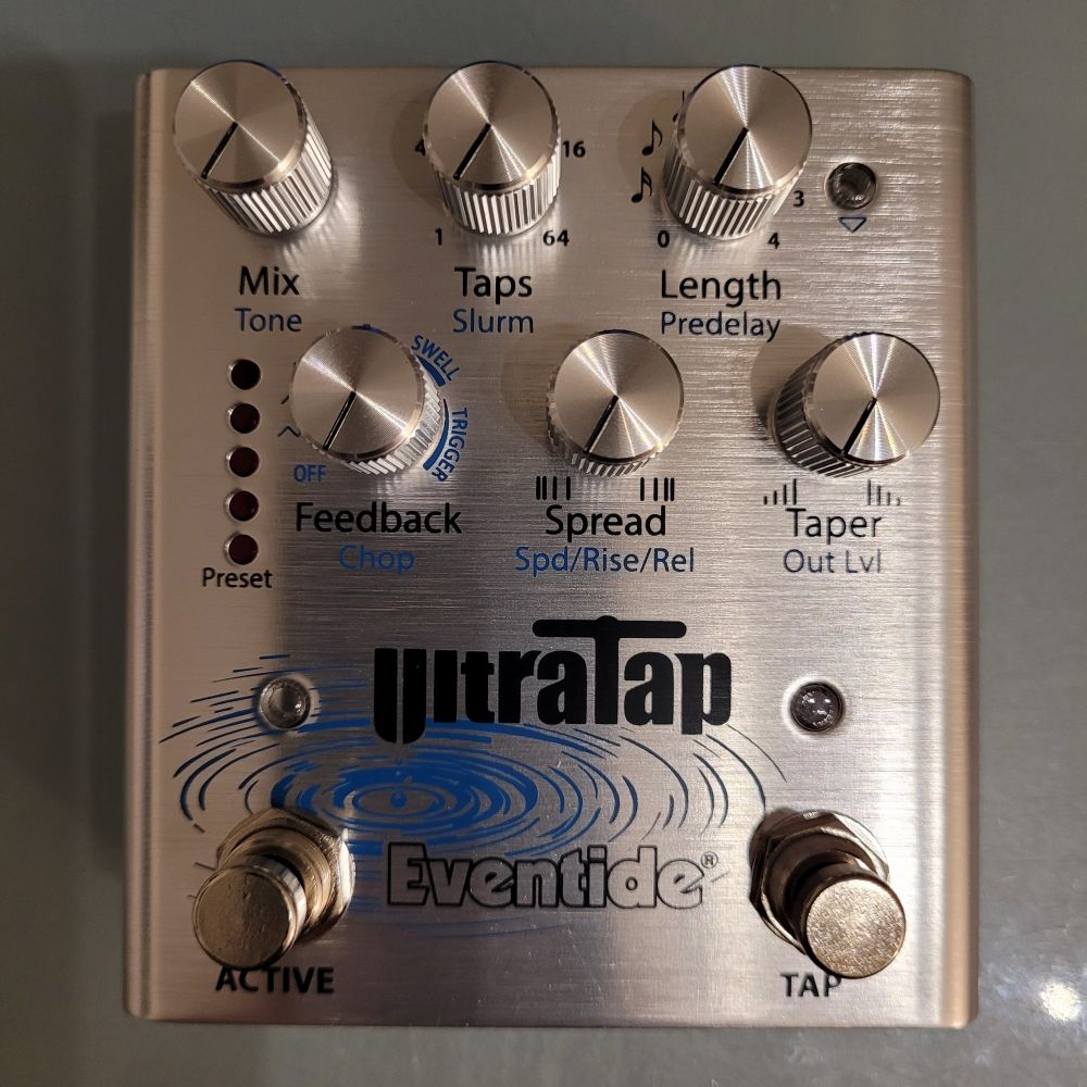 Close-up picture of an Eventide Ultratap delay pedal