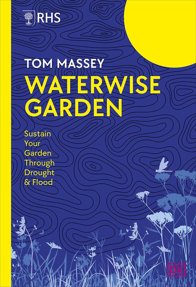 The front cover of Waterwise Garden by Tom Massey. It has a yellow sun,  the outline of plants, and yellow writing over a blue background.