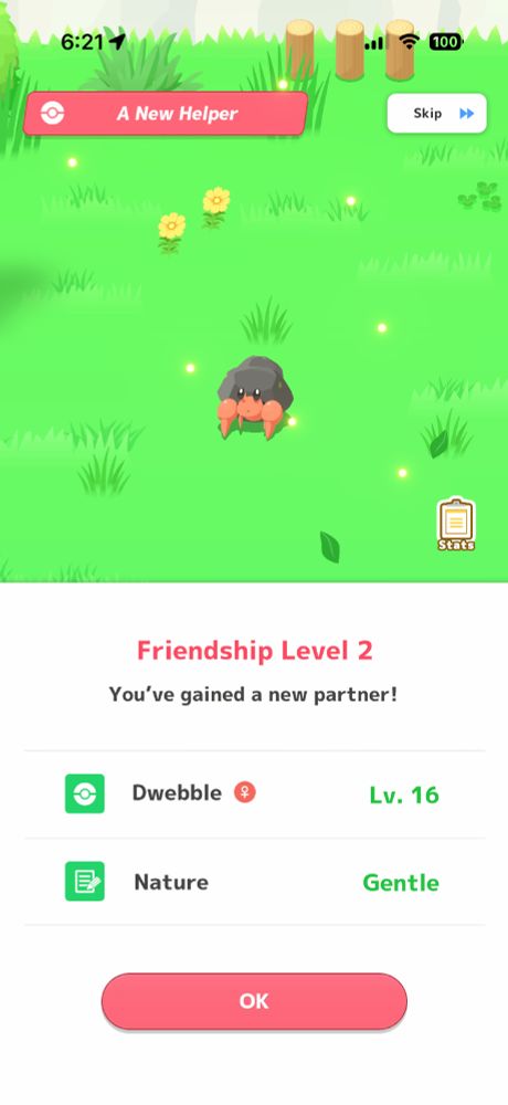 Screenshot of a shiny Dwebble in Pokemon Sleep.