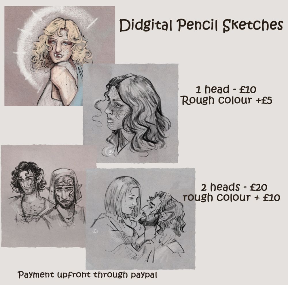 A commission post for sketches featuring my artwork, it looks so bad, graphic design is not my passion 