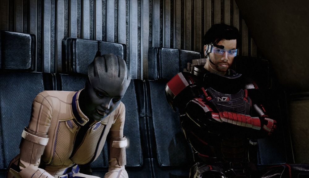 Shep and Liara and shep is staring DAGGERS, "you resurrected me, just to not care...i just threw myself off a building for you...wheres my how are you? God."