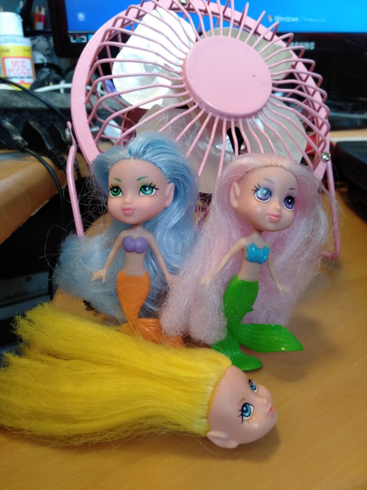 Two miniature dolls and a disembodied head (she lost her body long ago).