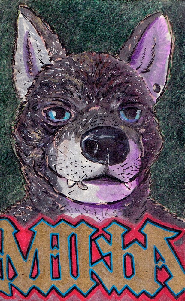 A werewolf bust, with the word "Mikha" in Gothic font and a green background. 