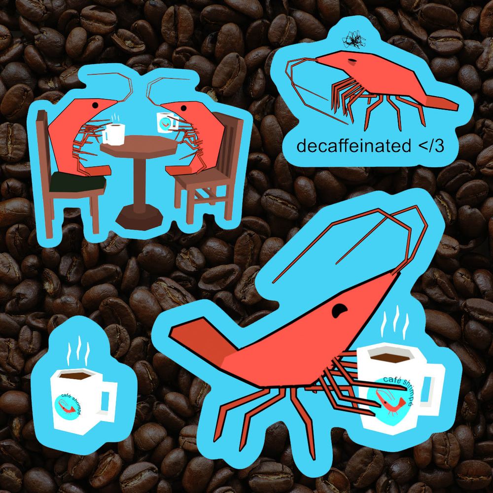 Sticker sheet mockup featuring low poly shrimp getting coffee.