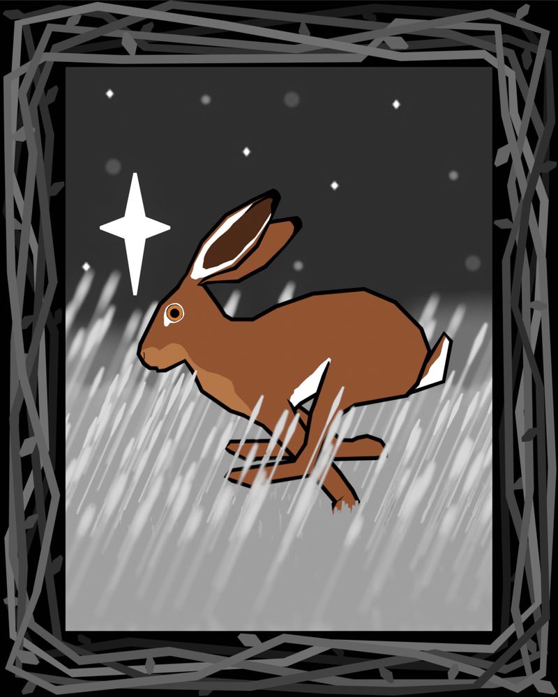 Low poly brown hare running through a grassy field with a star above their head. The image is black and white except the hare, and framed by tangled vines.