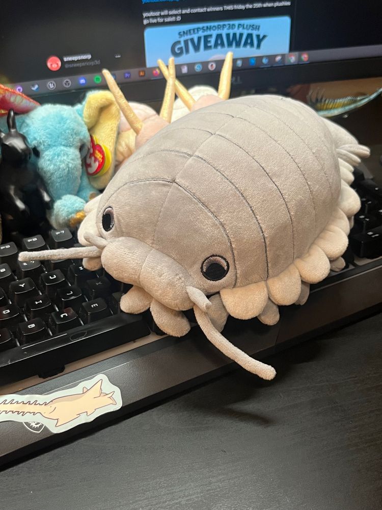 Giant isopod stuffed animal standing on a black keyboard.