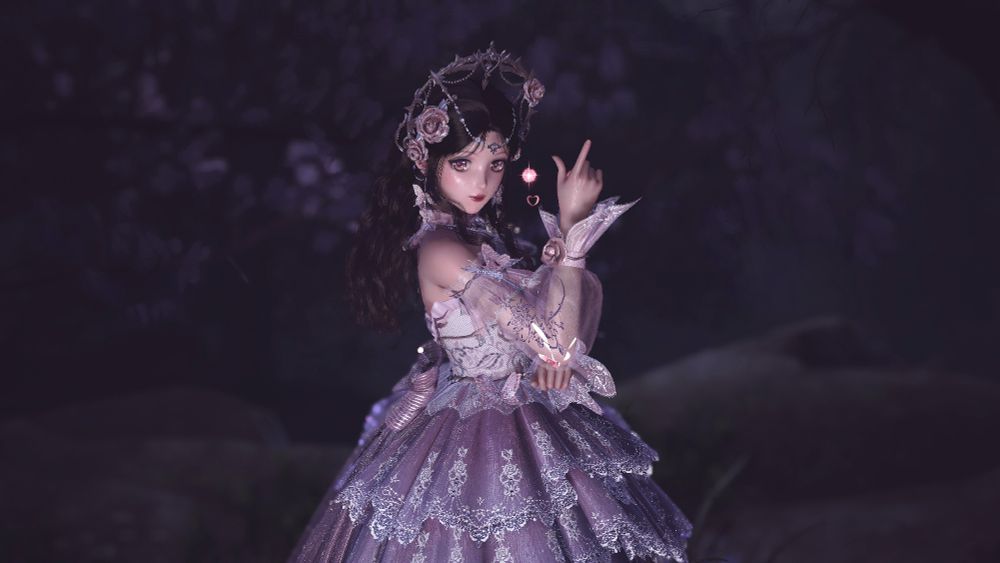 A screenshot of Nikki from Infinity Nikki wearing an elaborate pink dress and posing in front of pink trees at night in the rain. Her hand is making a finger gun which I only now realize is not giving tranquility. 