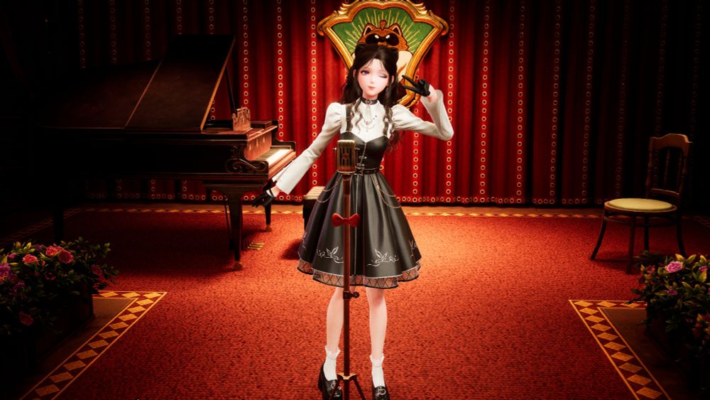 A screenshot of Nikki from the game Infinity Nikki posing on stage at the Chuckle Club. She is winking and making a peace sign with her fingies. She is wearing a white shirt and an a-line black dress on top.