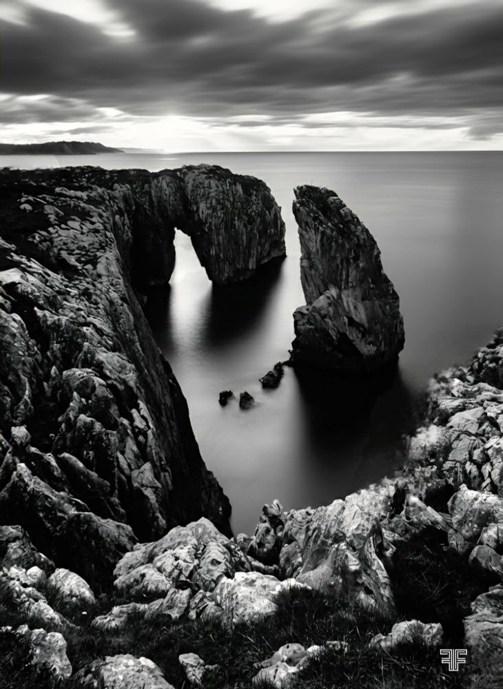 Esta fotografía en blanco y negro, con su larga exposición, evoca la dialéctica entre lo efímero y lo eterno. Las rocas escarpadas, firmes y antiguas, representan la permanencia, la existencia inmutable frente al tiempo.

Por otro lado, el agua sedosa y las nubes difusas simbolizan el constante flujo del cambio, la impermanencia, un reflejo del panta rhei heraclíteo: todo fluye. El arco natural, puerta de piedra hacia lo desconocido del océano, se convierte en una metáfora del umbral entre el yo interior (la tierra firme, lo conocido) y el vasto universo de la experiencia y el devenir (el mar, lo incierto). El dramático juego de luces y sombras, con el cielo amenazante, acentúa un sentimiento de asombro sublime ante la inmensidad de la naturaleza.

La imagen me inspira una profunda meditación sobre la dualidad. La solidez de la tierra y la fluidez del mar y del cielo coexisten en una tensa pero armoniosa quietud. Esta dicotomía resuena con el concepto de unidad de los opuestos en muchas filosofías orientales y occidentales, donde la tensión entre contrarios (ser y no-ser, luz y oscuridad) es la fuerza motriz de la realidad. Intento congelar este instante de movimiento perpetuo, y nos invita a confrontar nuestra propia finitud y la fugacidad de la vida, mientras la propia roca nos susurra la lección de la resiliencia. Es un recordatorio visual de que, aunque nuestras vidas sean breves, formamos parte de un ciclo cósmico inmenso.
