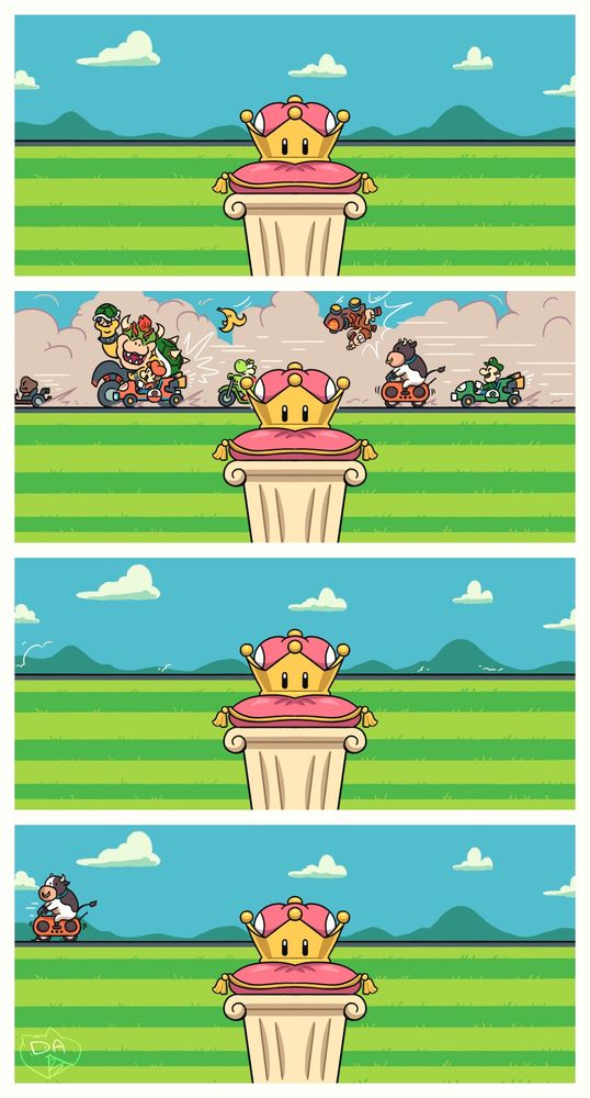 Panel 1: A Super Crown rests on a pink pillow on a pedestal in an empty field

Panel 2: A Super Crown rests on a pink pillow on a pedestal while a variety of Mario characters (goomba, bowser, mario, yoshi, donkey kong, moo moo meadows cow, and luigi) race in the background 

Panel 3: A Super Crown rests on a pink pillow on a pedestal in a once again empty field 

Panel 4: A Super Crown rests on a pink pillow on a pedestal as the moo moo meadows cow reverses back into frame