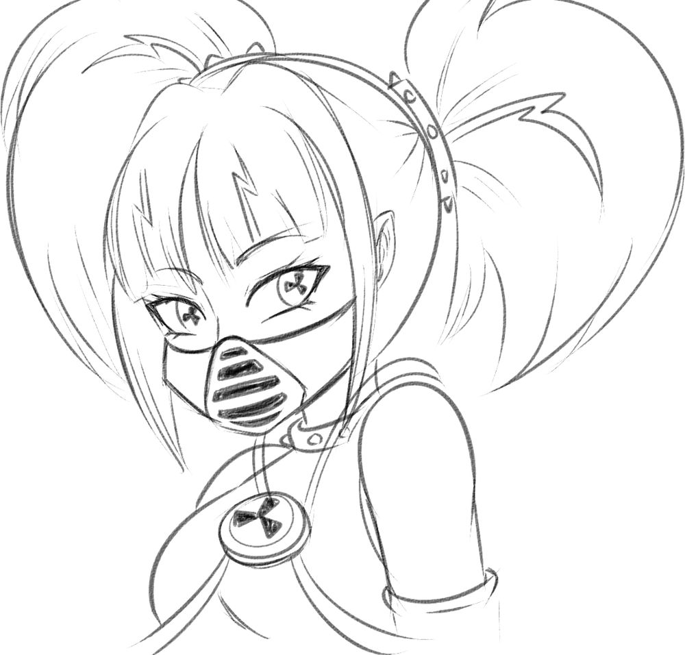 A sketch of the vtuber ToxicBlight, a girl with pigtails and a mask with a radioactive motif