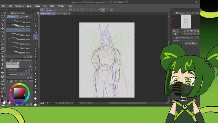 A screenshot of a stream setup with a Clip Studio Paint canvas that has a sketch of a man in armor with moth wings and antenna.  There's a radioactive-themed vtuber in the corner looking towards the sketch. 