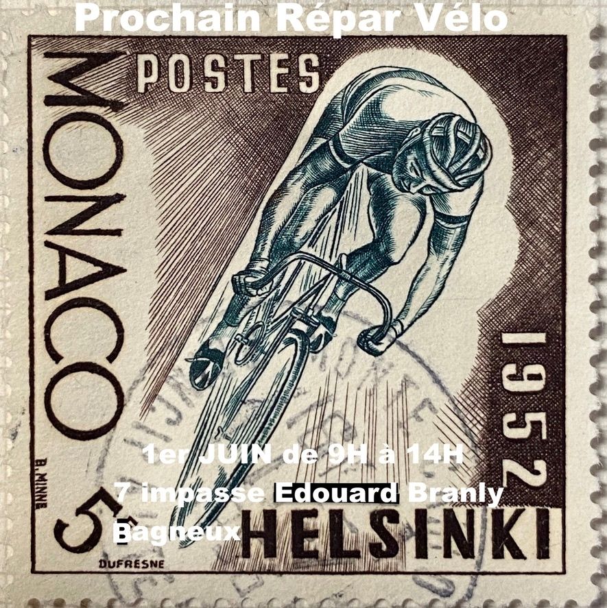 Un timbre monégasque de 1952 représentant un cycliste sportif, avec la mention "Helsinki", très certainement édité a l'occasion des JO.