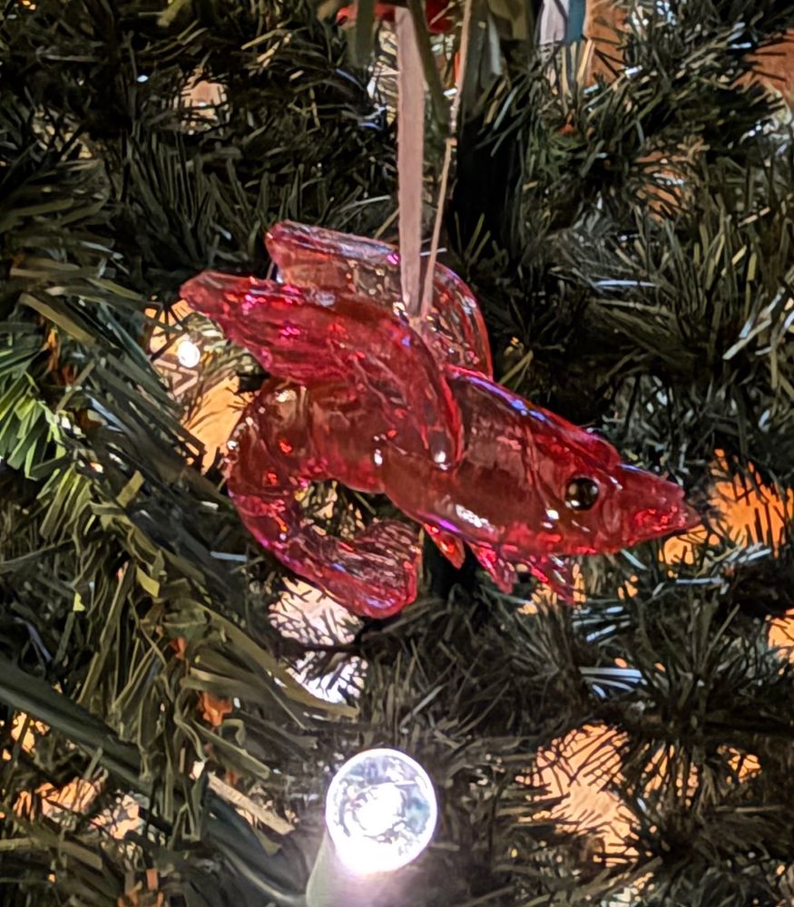 A winged shrimp ornament on a Christmas tree 