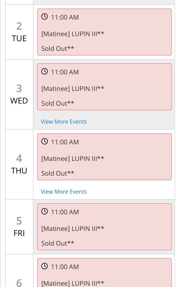 A listing from etix.com showing the sold out LUPIN III kabuki listings