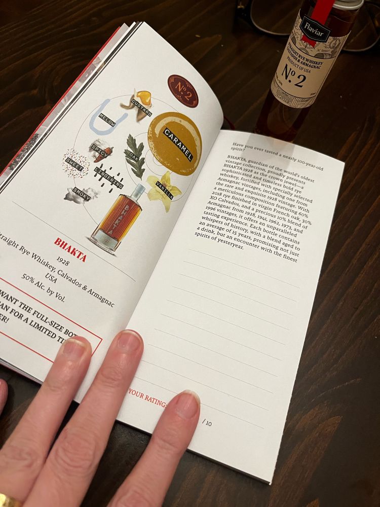 The booklet shows images with labels that describe the notes of thr Bhakta mellow, custard, oak, caramel, vanilla, spicy, sweet, smoky