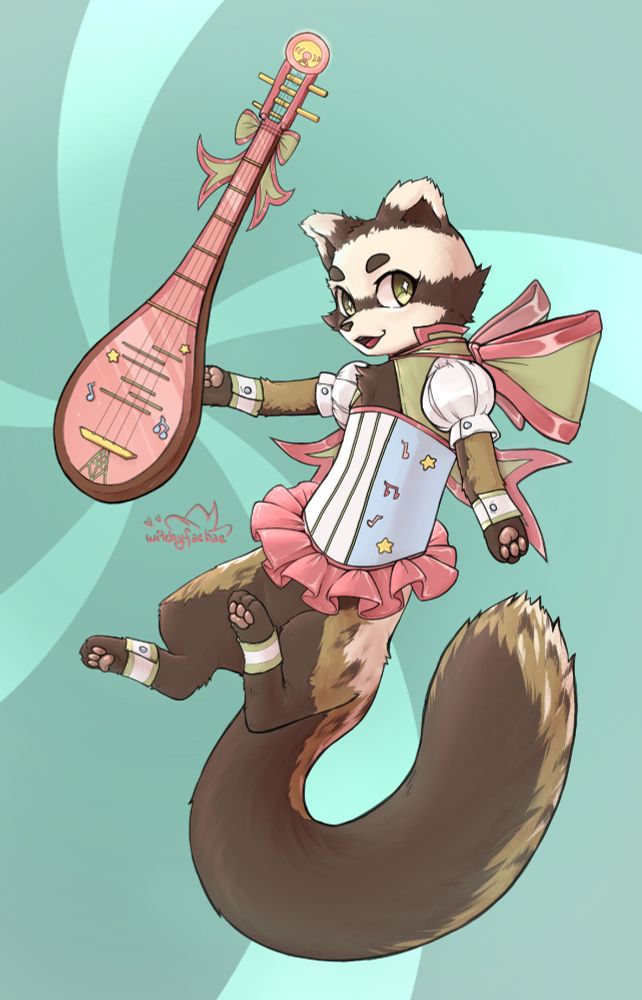 Altazimuth's marbled polecat OC as a magical boy. He's wearing a uhhh... dude I dunno what it's called but it's like a corset but has poofy shoulders, a collar, frills at the bottom, and bows on the back. It's coloured in white, blue, pink, and green, with musical notes and stars.
He has small bands worn by each of his paws.
His right hand (camera left) is next to a three-stringed lute-style instrument, which is largely pink with a standard brown shell on the sides, and a bow tied by the neck. The ALTZ radio tower logo is present at the bottom and top of the instrument.
