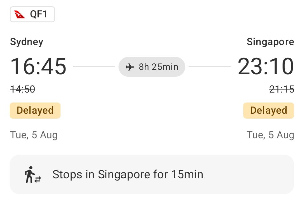 A flight initially for 14:50 has been delayed to 16:45. At the bottom is the text "Stops in Singapore for 15min."