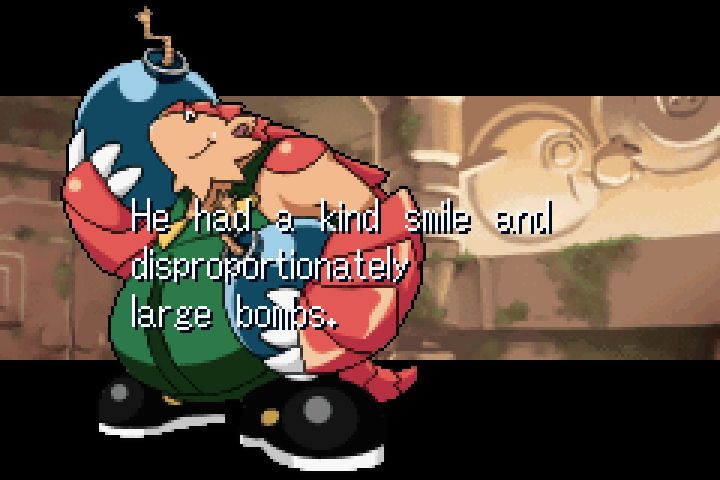 Pixel artwork of a friendly-looking rotund anthropomorphic pangolin holding two spherical bombs with fuses coming out of them. Text over this image says "He had a kind smile and disproportionately large bombs."