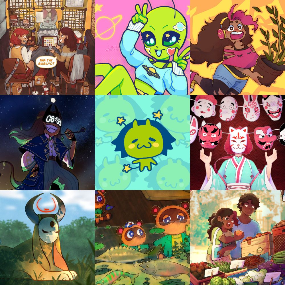 Art VS Artist featuring my art! The template is 9 squares of images, with an image of my Tamagotchi persona in the middle, and various pieces of my artwork around the middle square. I really enjoyed a lot of my works this year even if there weren't many fuller pieces, and honestly I also think that a lot of the art that I DID make also didn't make it because they were merch pieces or animations! Nevertheless, I still hope to bring so much more into 2025 👽