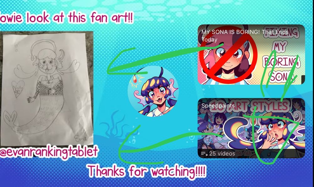 A screenshot of Nerdy Arty’s end credits of one of her videos, featuring my fan art showcased with my handle crediting me!