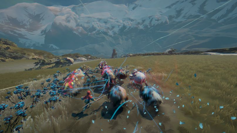Screenshot from our upcoming game Herdling: A herd of differently sized fluffy beasts runs across grassy hills, shepherded by protagonist Via and her staff. The creatures' fur glows in red, yellow and blue as the herd stampedes