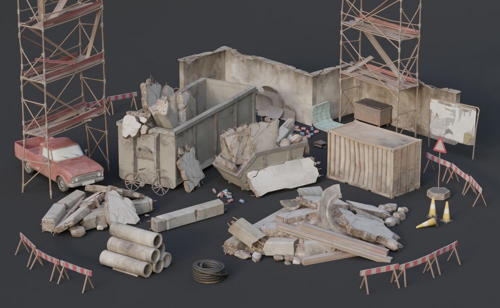 A collection of various 3d city assets. Like scaffolding, containers, debris, concrete pipes, cars and mattresses.