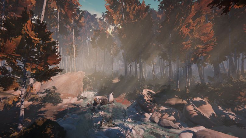 screenshot of our upcoming game HERDLING: it shows a view of an autumnal birch forest, with visible rays of sunlight falling onto Via and the herd as they cross a river