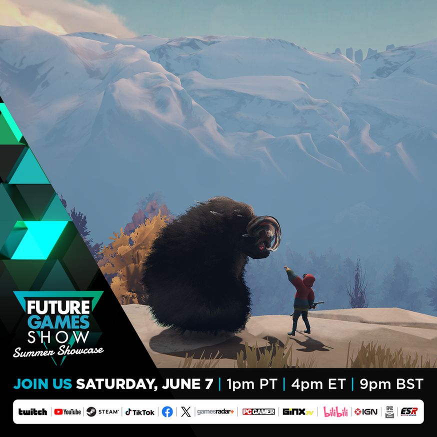 Promotional graphic featuring a screenshot from our game Herdling: a small person in a red hoodie reaches out her hand to a large furry beast, against the backdrop of a mountain range. The image is framed by information about Future Games Show, reading "Join us Saturday, June 7 | 1pm PT | 4pm ET | 9pm BST"