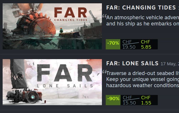 Screenshot of two Steam capsules: FAR Changing Tides is 70% off and FAR Lone Sails is 90% off