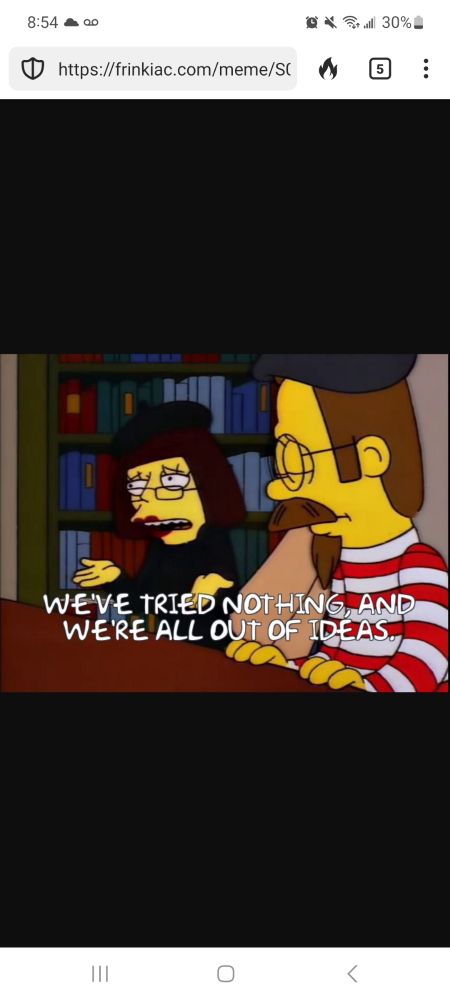 Ned Flanders' parents in beatnik dress saying,  "We've tried nothing and were all out of ideas. "