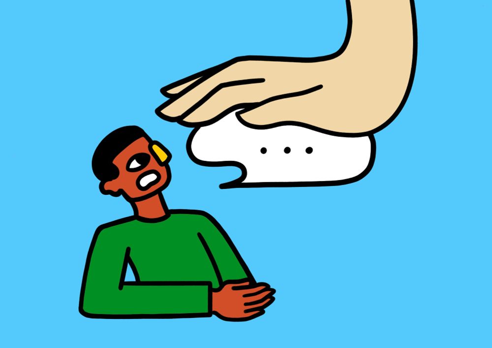 a large white hand squashes a speech bubble coming out the mouth of a young boy with brown skin