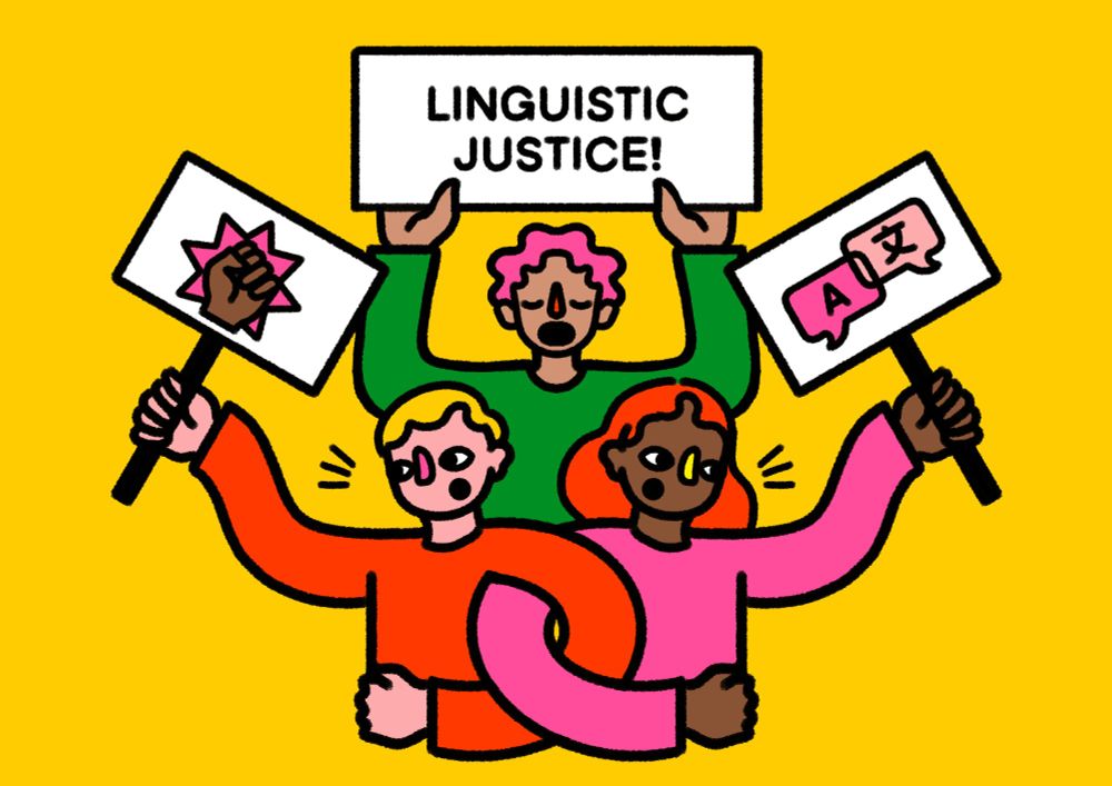 three people with interlocking arms holding up protest placards. one says 'linguistic justice!'.