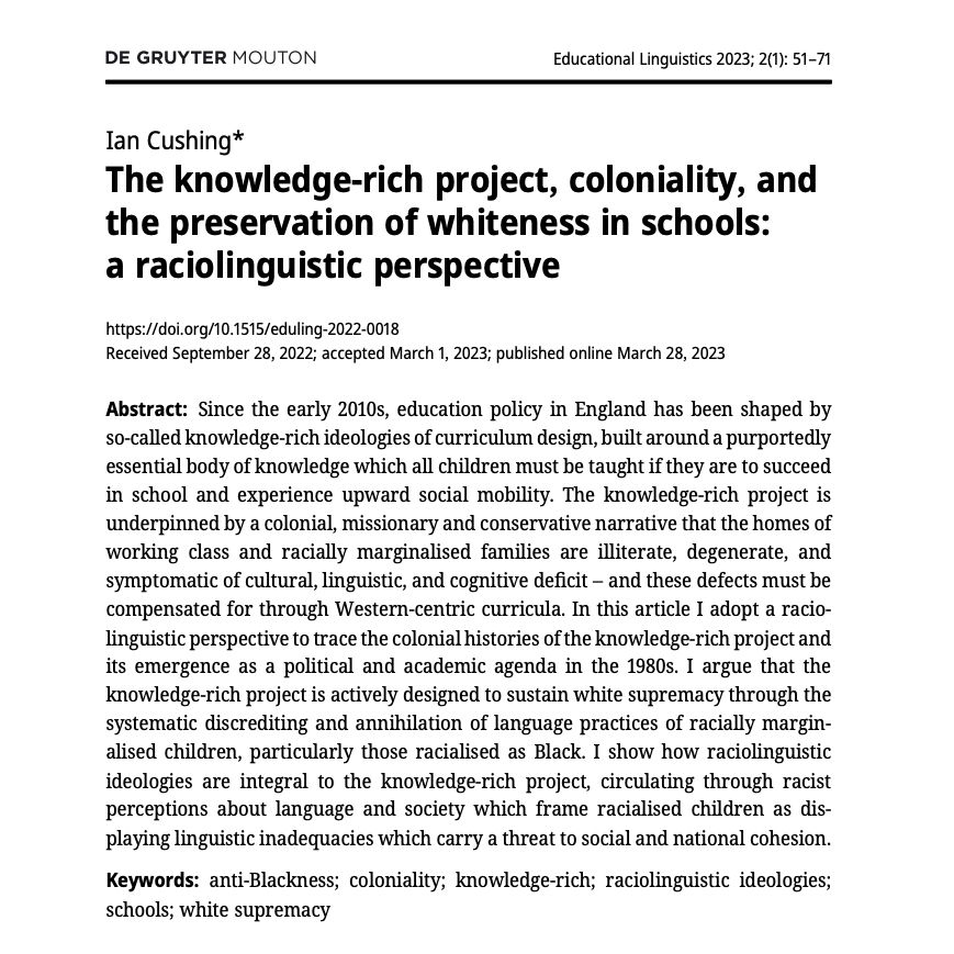 Abstract for The knowledge-rich project, coloniality, and the preservation of whiteness in schools: a raciolinguistic perspective (https://www.degruyter.com/document/doi/10.1515/eduling-2022-0018/html?lang=en&srsltid=AfmBOoprcu87IZoq6rERKPcmQCm72gEeANFj0_1jWfk8XGUfK9LAHExW)