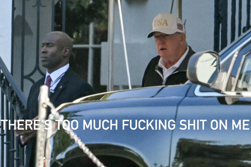 trump in the recent photo where he looks like he is wearing a mask of his own face. “THERE’S TOO MUCH FUCKING SHIT ON ME” is typed at the bottom
