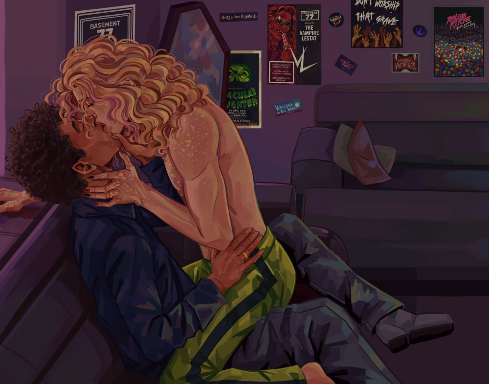 drawing of Louis and Lestat from interview with the vampire. they are sitting on a couch in a purple room, with a coffin shaped mirror in the background. Louis is wearing grey pants and a blue shirt, while Lestat is wearing green pants with a black stripe on the sides. they are kissing and Lestat is on top of Louis. there are posters and stickers in the background. the posters read: "basement 77" "1132 rue royale" "Dracula's daughter" "welcome to bon temps" "basement 77 the vampire Lestat" "fangtasia" "the beautiful unwell" "don't worship that grave" "theatres des vampires" "Raleigh Ritchie, you're a man now boy" and a sticker of the VL logo