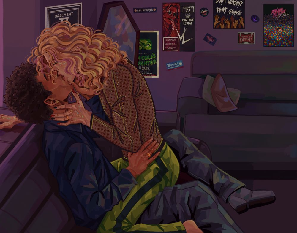 drawing of Louis and Lestat from interview with the vampire. they are sitting on a couch in a purple room, with a coffin shaped mirror in the background. Louis is wearing grey pants and a blue shirt, while Lestat is wearing green pants with a black stripe on the sides, and a black mesh shirt. they are kissing and Lestat is on top of Louis. there are posters and stickers in the background. the posters read: "basement 77" "1132 rue royale" "Dracula's daughter" "welcome to bon temps" "basement 77 the vampire Lestat" "fangtasia" "the beautiful unwell" "don't worship that grave" "theatres des vampires" "Raleigh Ritchie, you're a man now boy" and a sticker of the VL logo