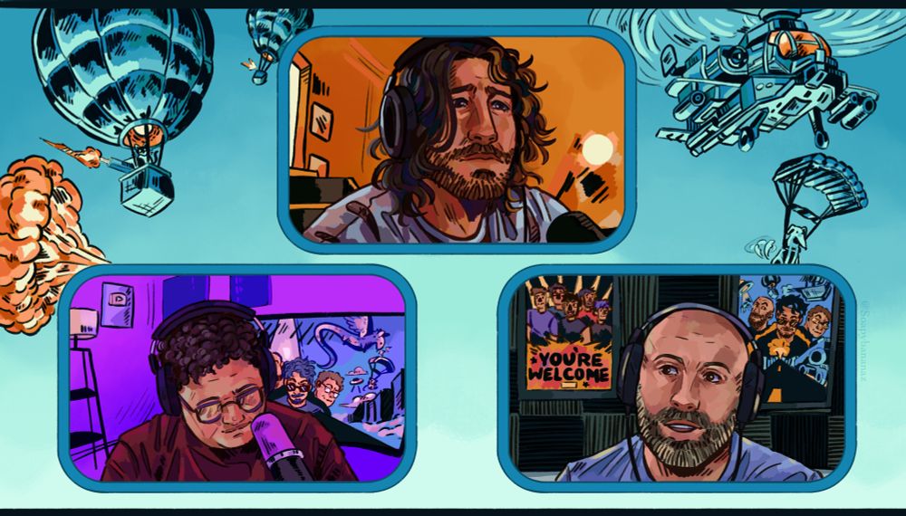 Digital art of Distractible Podcast. Mark is on the top in an orange background looking sad, Bob is on the bottom left in a purple background looking down, and Wade is on the bottom right in a gray background looking to the side 